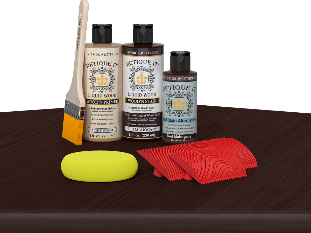 Retique It® Fireplace Mantel Wood'n Finish Kit in Red Mahogany stain, shown on a table with wood finish products.