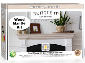 Retique It® Wood'n Finish Kit in Sun Bleached for fireplace mantels, showing the wood finish and kit components in a box.