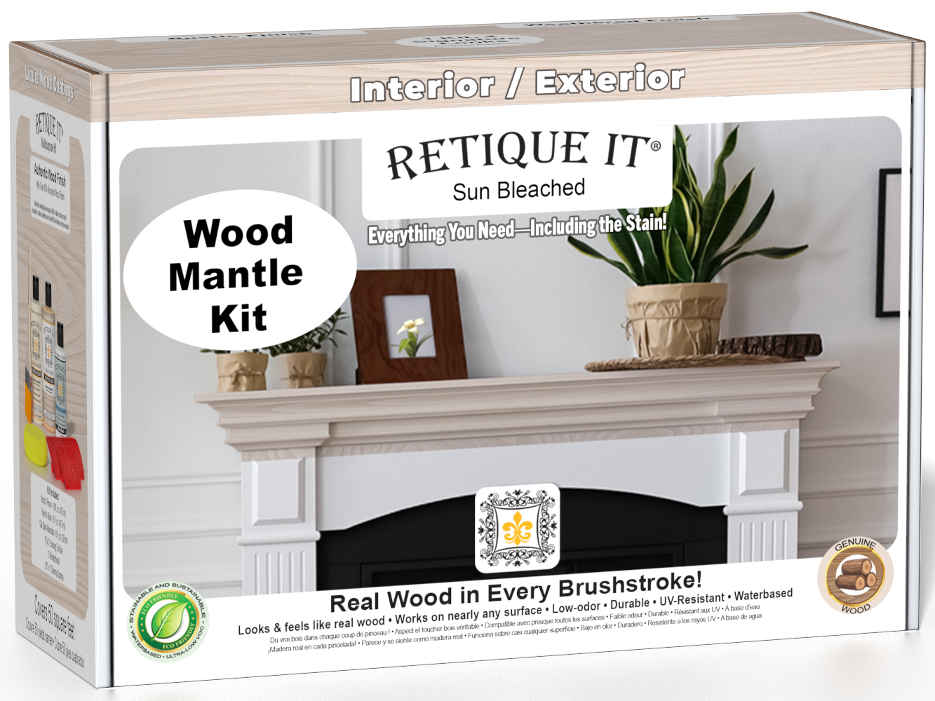 Retique It® Wood'n Finish Kit for fireplace mantels in sun-bleached wood tone, includes finishing tools and sample swatches.