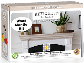 Retique It® Wood'n Finish Kit for fireplace mantels in sun-bleached wood tone, includes finishing tools and sample swatches.