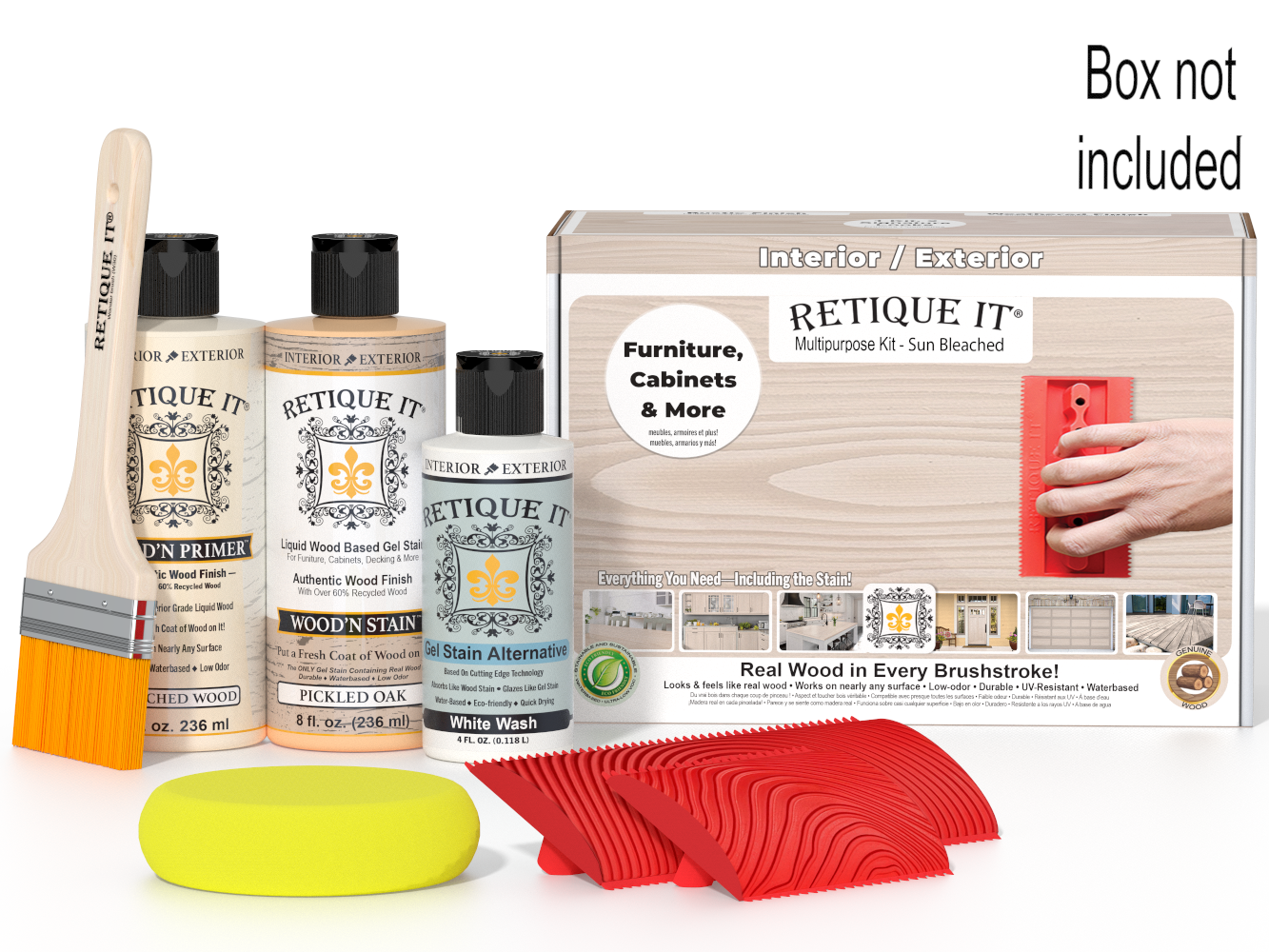 Sun-bleached Retique It® Wood'n Finish Kit for multi-purpose wood finishing, shown in its box with various components.