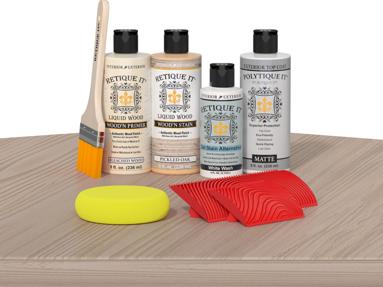 Retique It® Wood'n Finish Kit in Sun Bleached, an exterior top coat with wood finish components on a table.