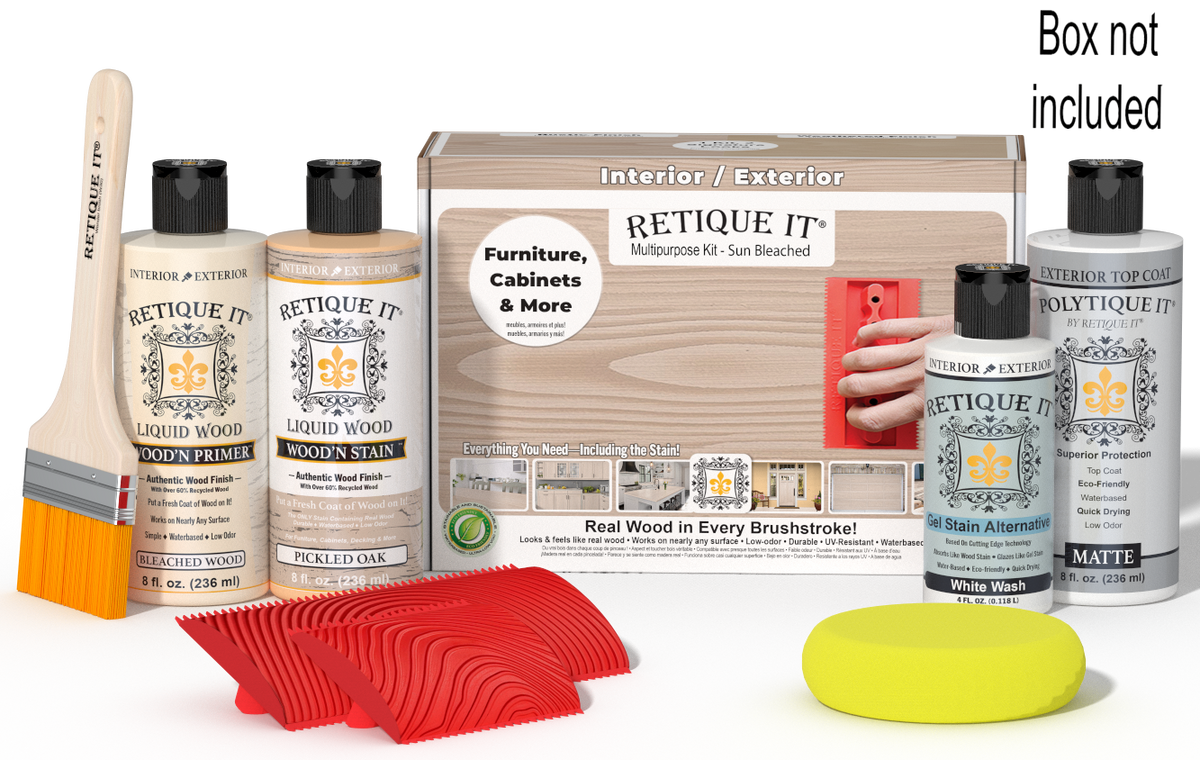 Sun-bleached Wood'n Finish Kit by Retique It® for exterior wood surfaces, includes top coat in a multi-purpose wood finishing set.