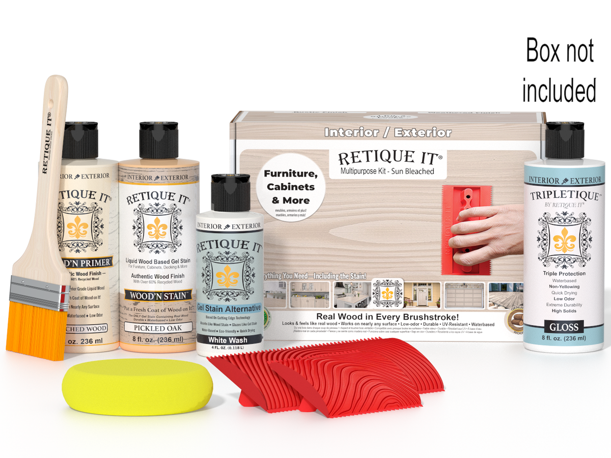 Retique It Wood'n Finish Kit in a box with dark walnut stain and application tools, designed for wood finishing projects