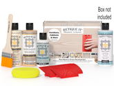 Retique It furniture care kit with bottles, a brush, and a box on a white background