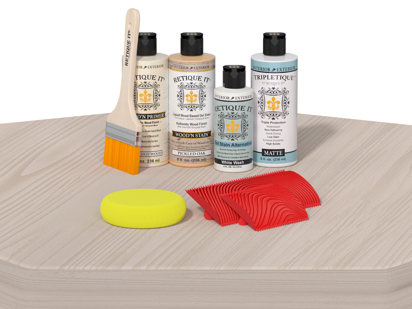 Set of wood care products including bottles, a brush, and sponges on a wooden surface.