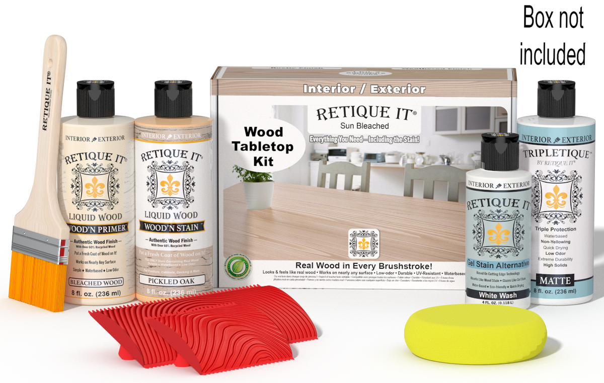 Retique It Wood'n Finish Kit Sun Bleached for tabletops, includes wood finish products and application tools in a box.