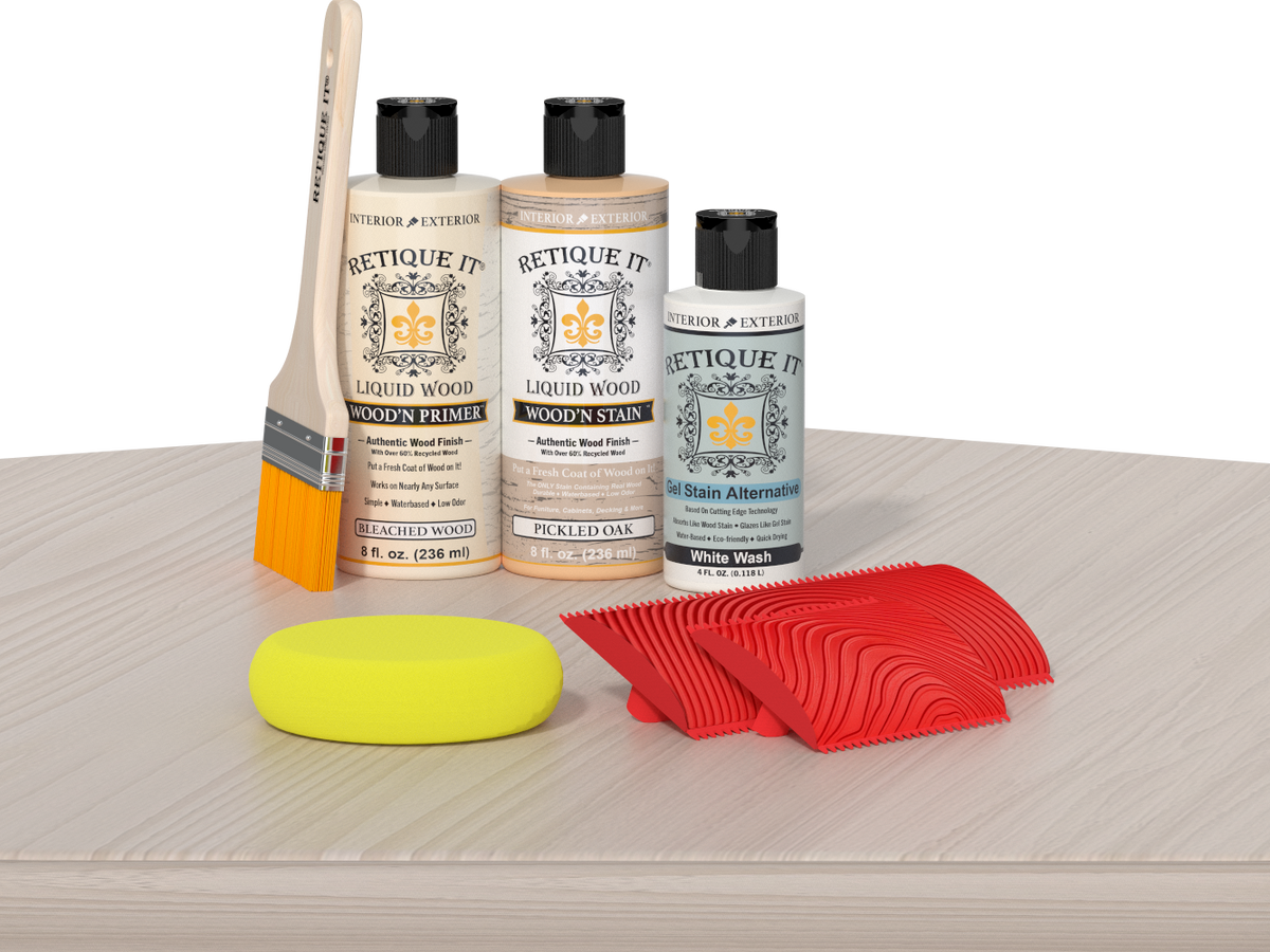 Retique It® Wood'n Finish Kit in Sun Bleached, showing wood mantel surface with light, sun-bleached wood finish and natural grain details.