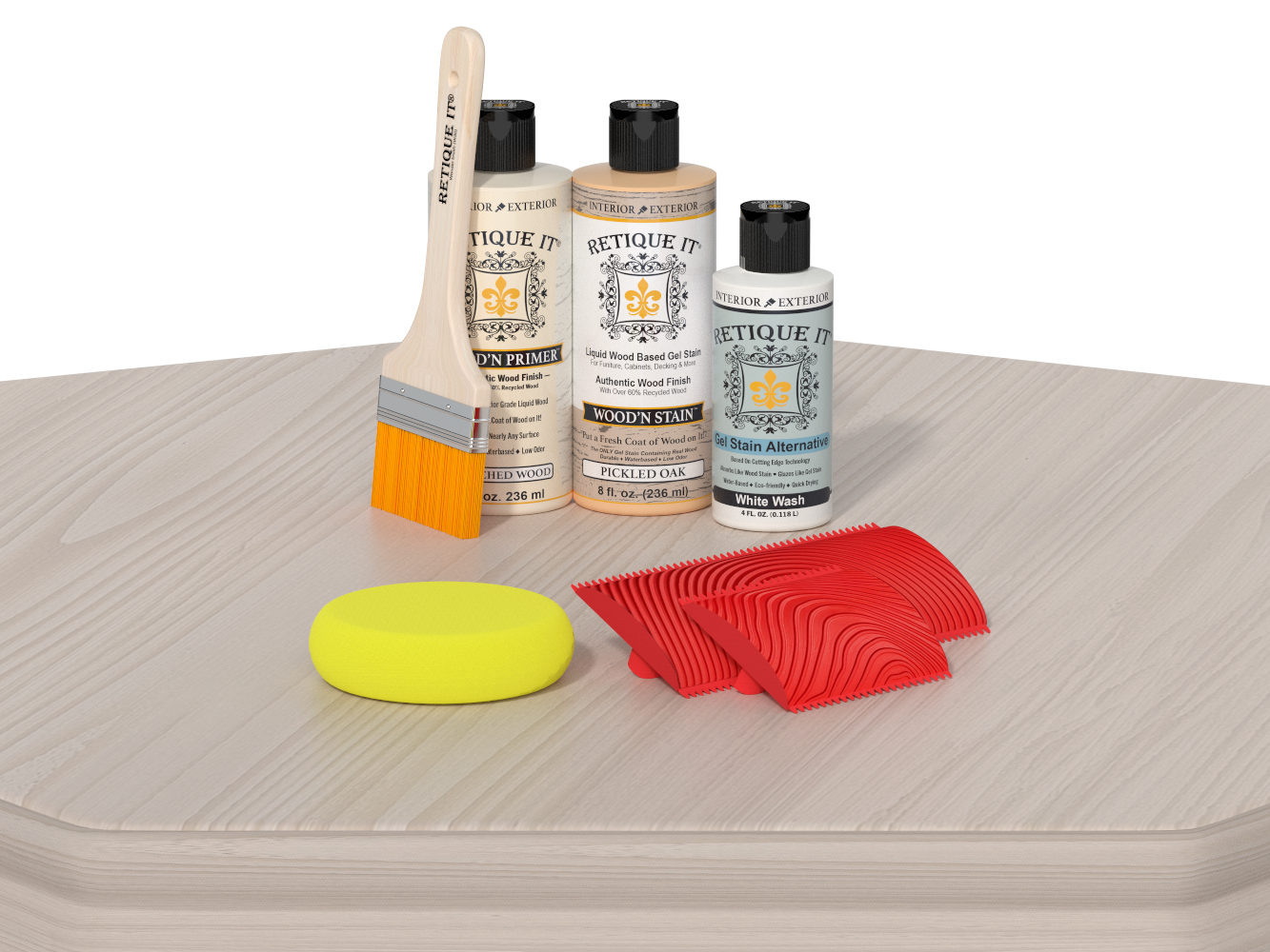 Sun-bleached Wood'n Finish Kit by Retique It® applied to a table, showing a natural, multi-purpose wood finish with a sun-dried appearance.