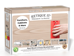 Retique It® Sun Bleached Multipurpose Kit retail box featuring a Sun Bleached wood finish, red graining tool demonstration, and furniture, cabinets & more project imagery.