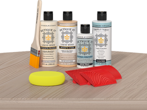 Retique It® Sun Bleached Wood'n Kit with Bleached Wood primer, Pickled Oak stain, White Wash gel stain alternative, Gloss Tripletique® Top Coat, brush, red graining tool, and yellow sponge.