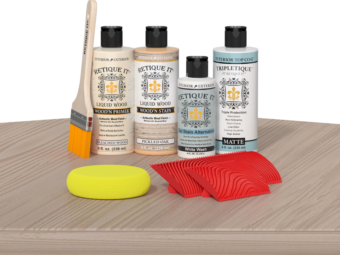 Retique It® Sun Bleached Wood'n Kit with Bleached Wood primer, Pickled Oak stain, White Wash gel stain alternative, Matte Tripletique® Top Coat, brush, red graining tool, and yellow sponge.