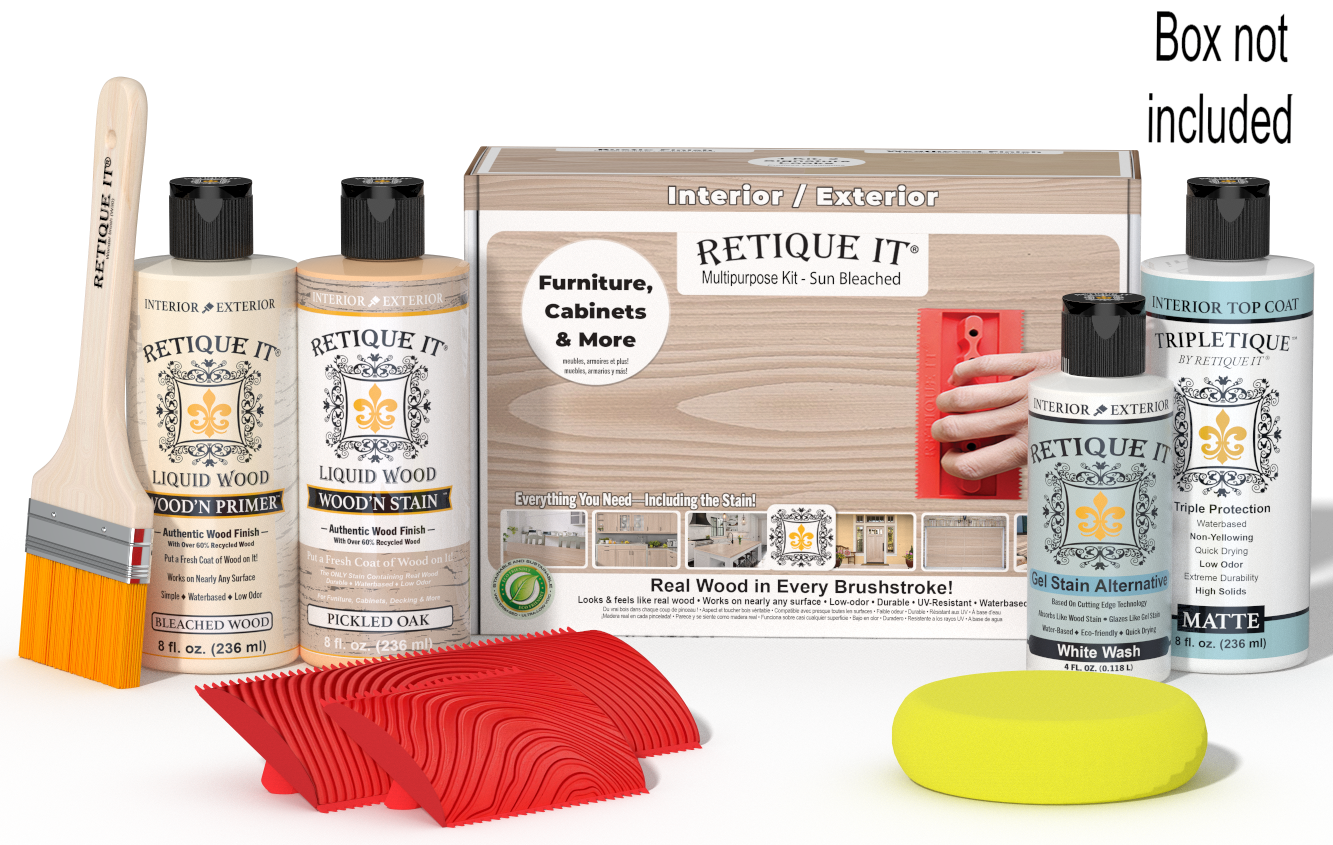 Retique It® Sun Bleached Multipurpose Kit with Bleached Wood primer, Pickled Oak stain, White Wash gel stain alternative, Matte Tripletique® Top Coat, brush, red graining tool, yellow sponge, and product box.