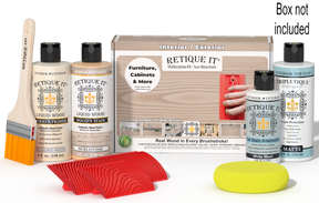 Retique It® Sun Bleached Multipurpose Kit with Bleached Wood primer, Pickled Oak stain, White Wash gel stain alternative, Matte Tripletique® Top Coat, brush, red graining tool, yellow sponge, and product box.