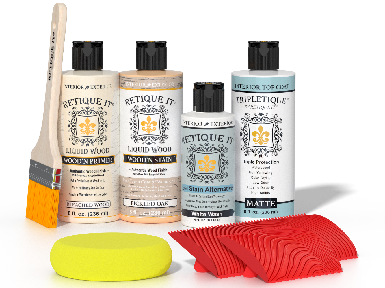 Retique It® Sun Bleached Wood'n Kit with Bleached Wood primer, Pickled Oak stain, White Wash gel stain alternative, Matte Tripletique® Top Coat, brush, red graining tool, and yellow sponge.