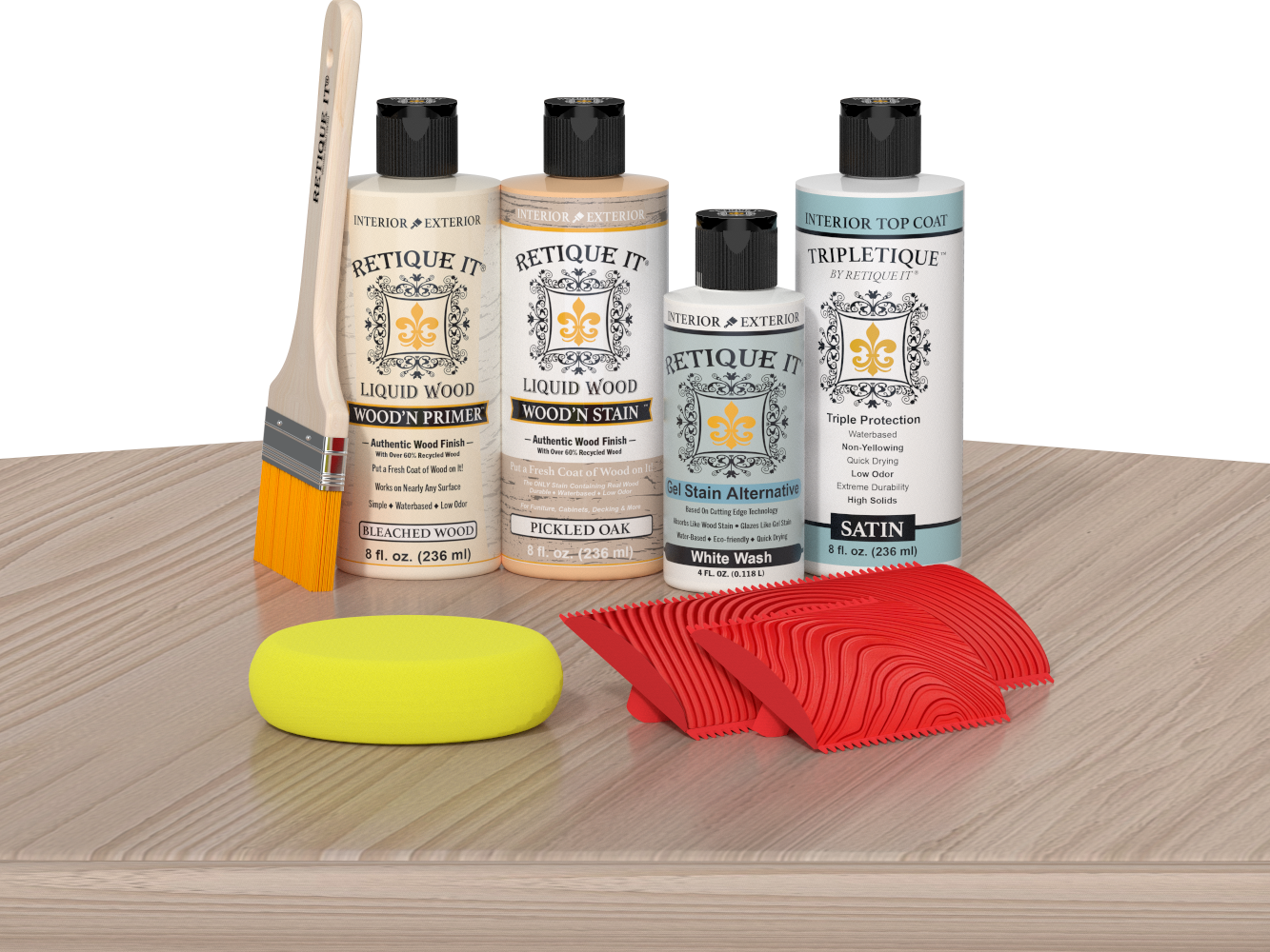 Retique It® Sun Bleached Wood'n Kit with Bleached Wood primer, Pickled Oak stain, White Wash gel stain alternative, Satin Tripletique® Top Coat, brush, red graining tool, and yellow sponge.
