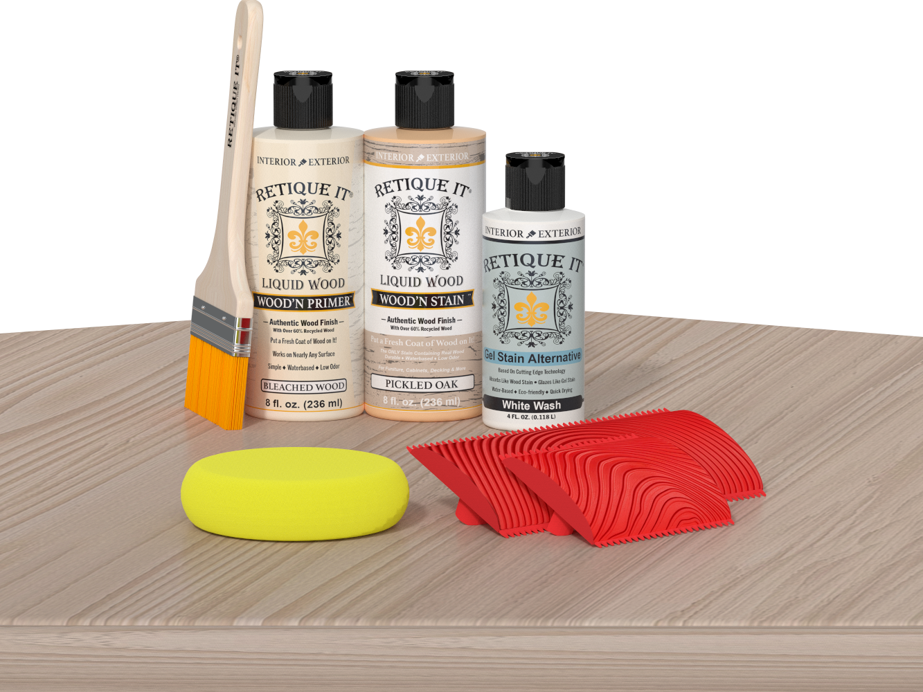 Retique It® Wood'n Finish Kit for fireplaces, Sun Bleached color, showcasing the wood finish applied to a mantel on a table.