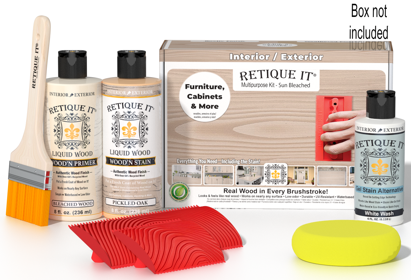 Retique It® Wood'n Finish Kit in Sun Bleached, multi-purpose wood finishing set with applicator tools and instructions visible.