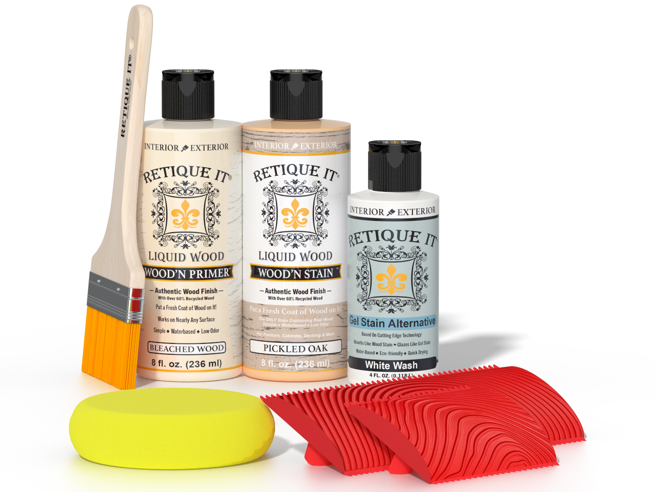 Sun bleached Wood'n Finish Kit by Retique It® for multi-purpose wood finishing, includes applicators and stain in a compact kit.