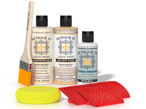 Sun bleached Wood'n Finish Kit by Retique It® for multi-purpose wood finishing, includes applicators and stain in a compact kit.
