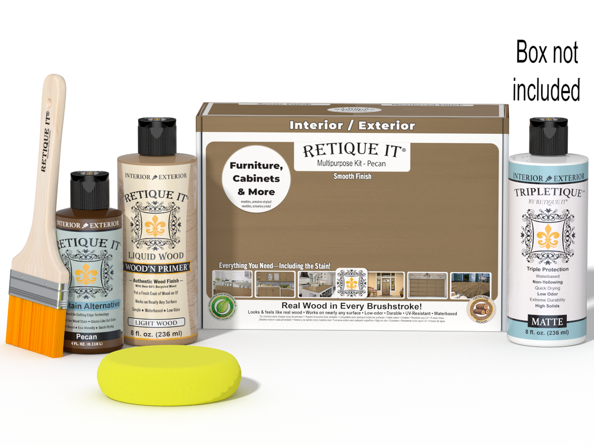 Retique It® Multi-purpose Smooth Finish Kit in Pecan for interior wood projects, includes top coat and finishing supplies.