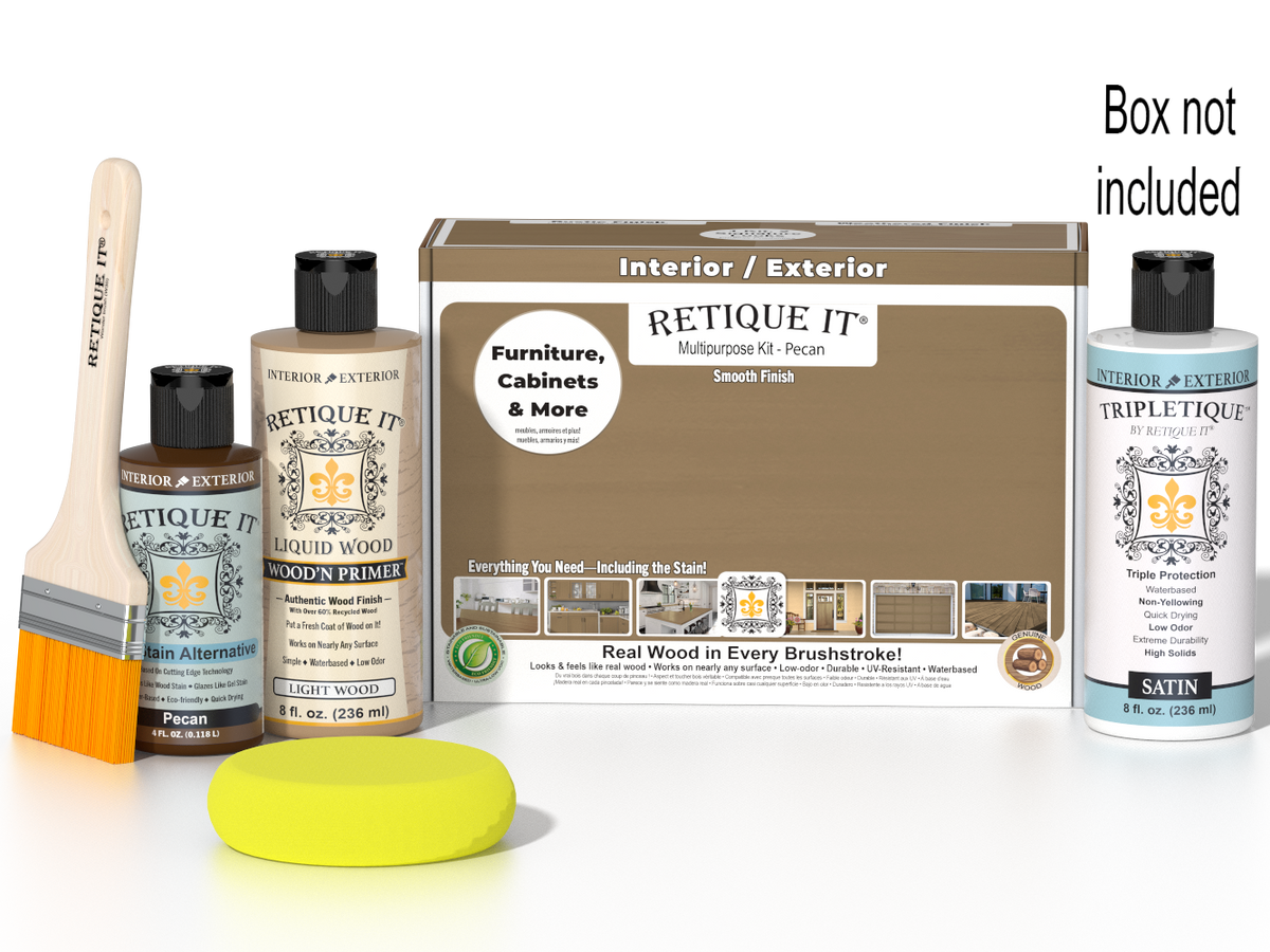 Retique It® Multi-purpose Smooth Finish Kit in Pecan for interior wood projects, includes top coat and application tools.