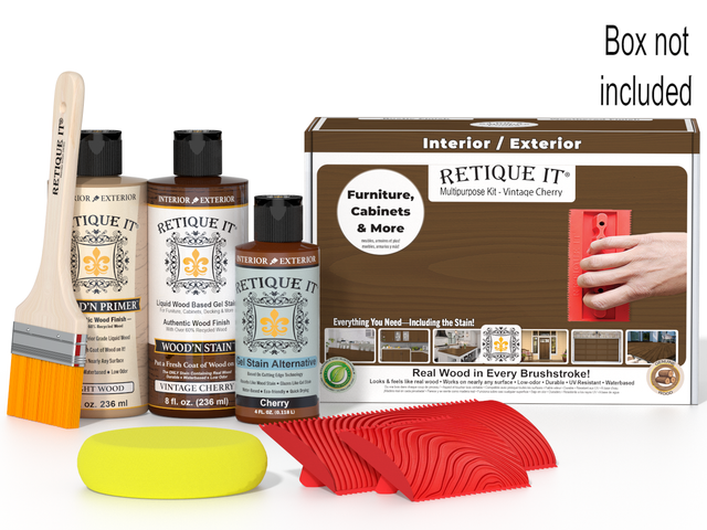 Retique It Wood'n Finish Kit in Vintage Cherry, multi-purpose wood finish kit with wood stain and finish components in a box.