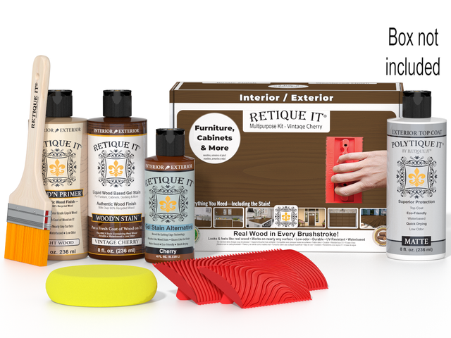 Retique It Wood'n Finish Kit in Vintage Cherry, exterior top coat with brushes and tools for wood finishing projects.