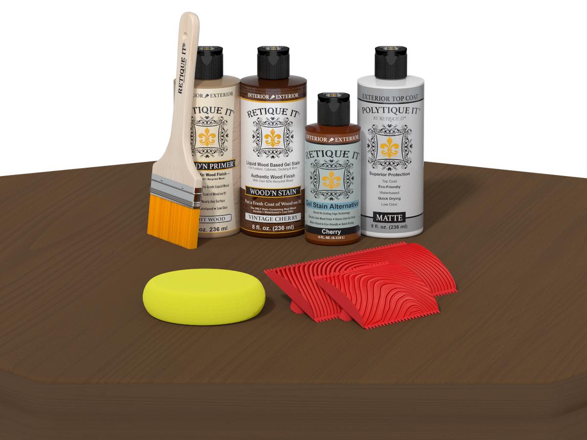 Collection of wood care products including bottles, a brush, and cloths on a brown surface.