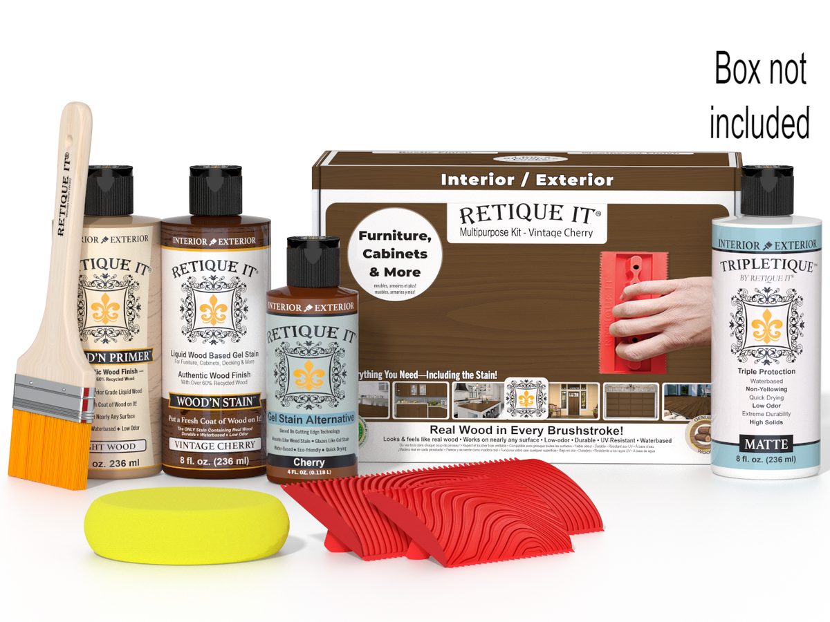 Retique It furniture care products including bottles, a brush, and packaging on a white background.