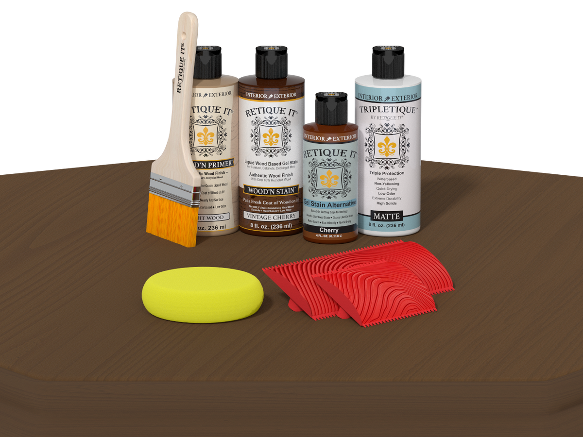 Set of wood care products including bottles, a brush, and cloths on a brown surface.