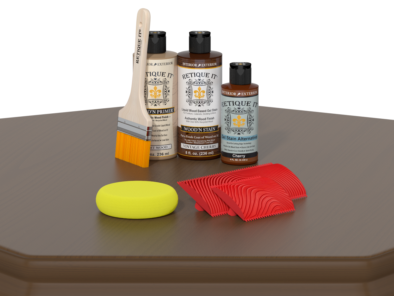 Retique It wood care products including bottles, a brush, and cloths on a brown surface.