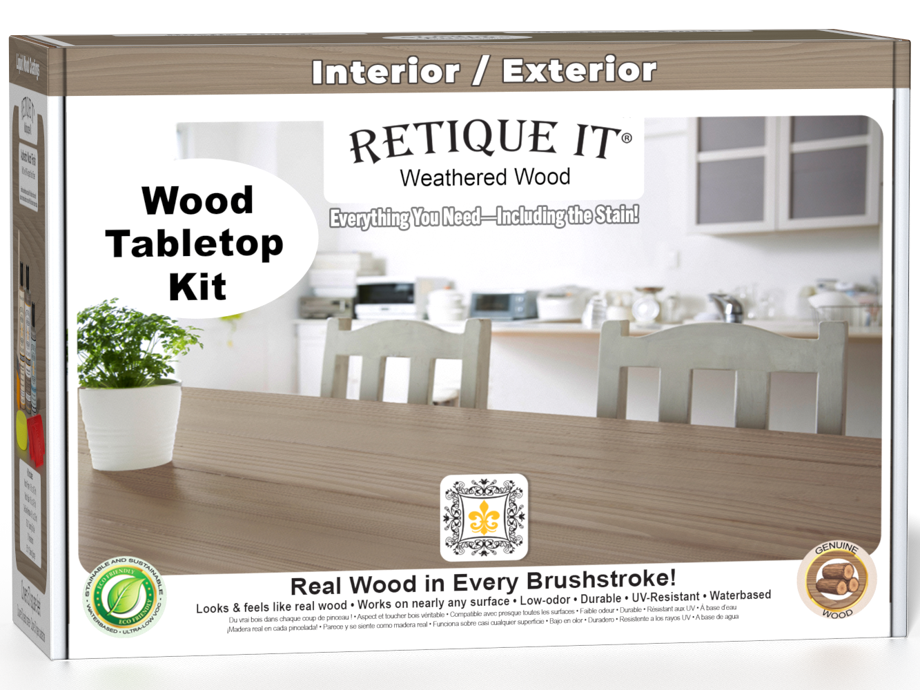 Retique It Weathered Wood tabletop wood finish kit with stain bottles and applicators, designed for wood furniture projects.