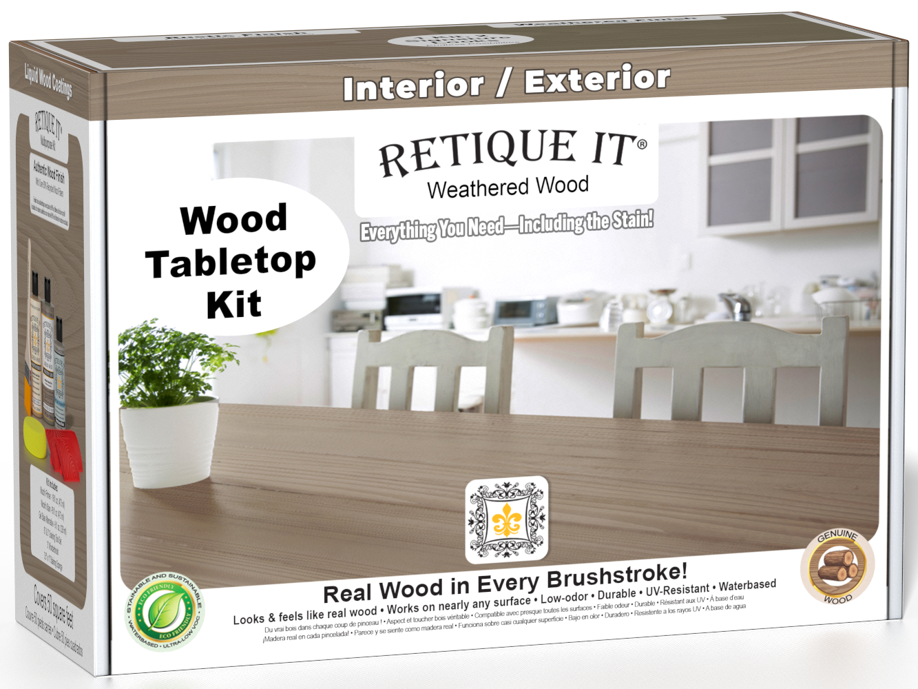 Retique It® Wood'n Finish Kit in Weathered Wood stain, featuring a box with stain bottles and applicator tools.