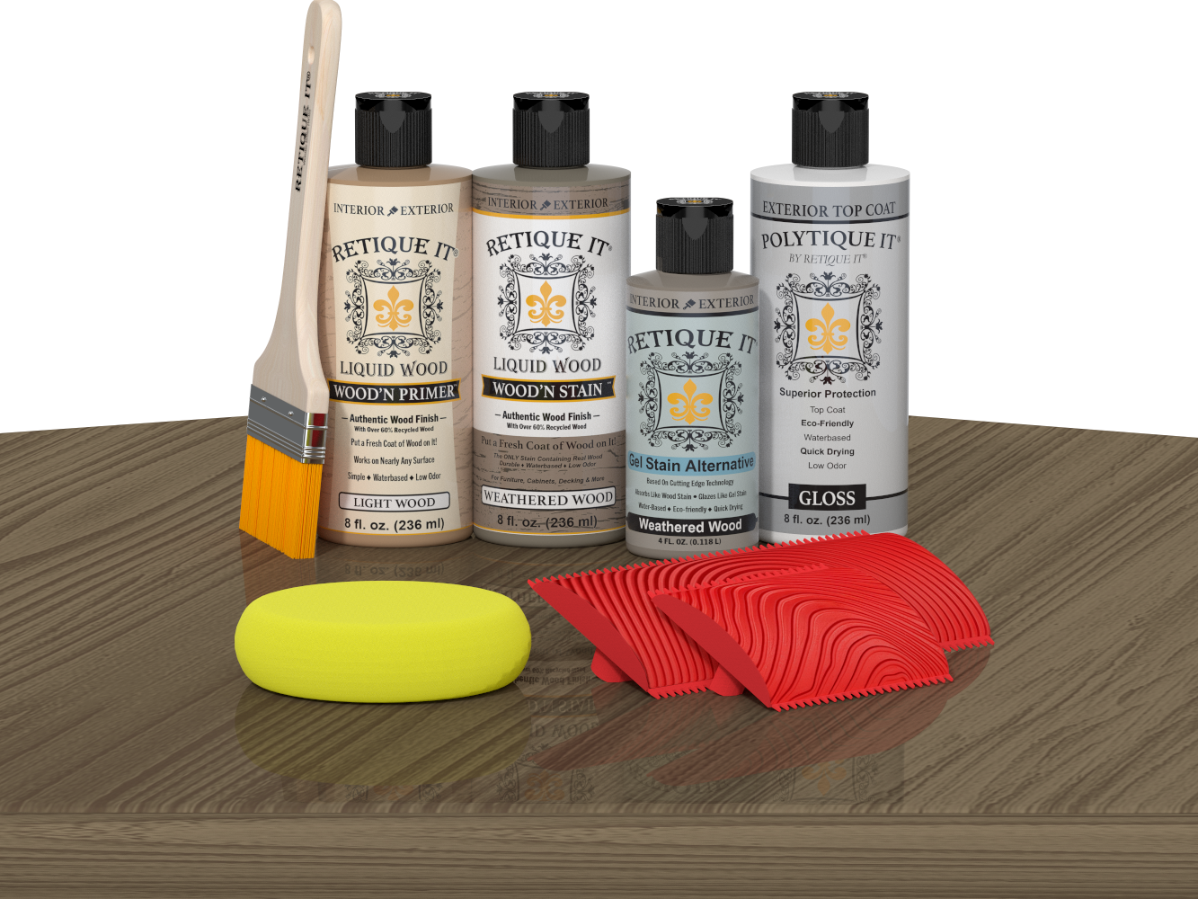 Retique It® Wood'n Kit in Weathered Wood finish, featuring exterior top coat and wood finish supplies on a table.