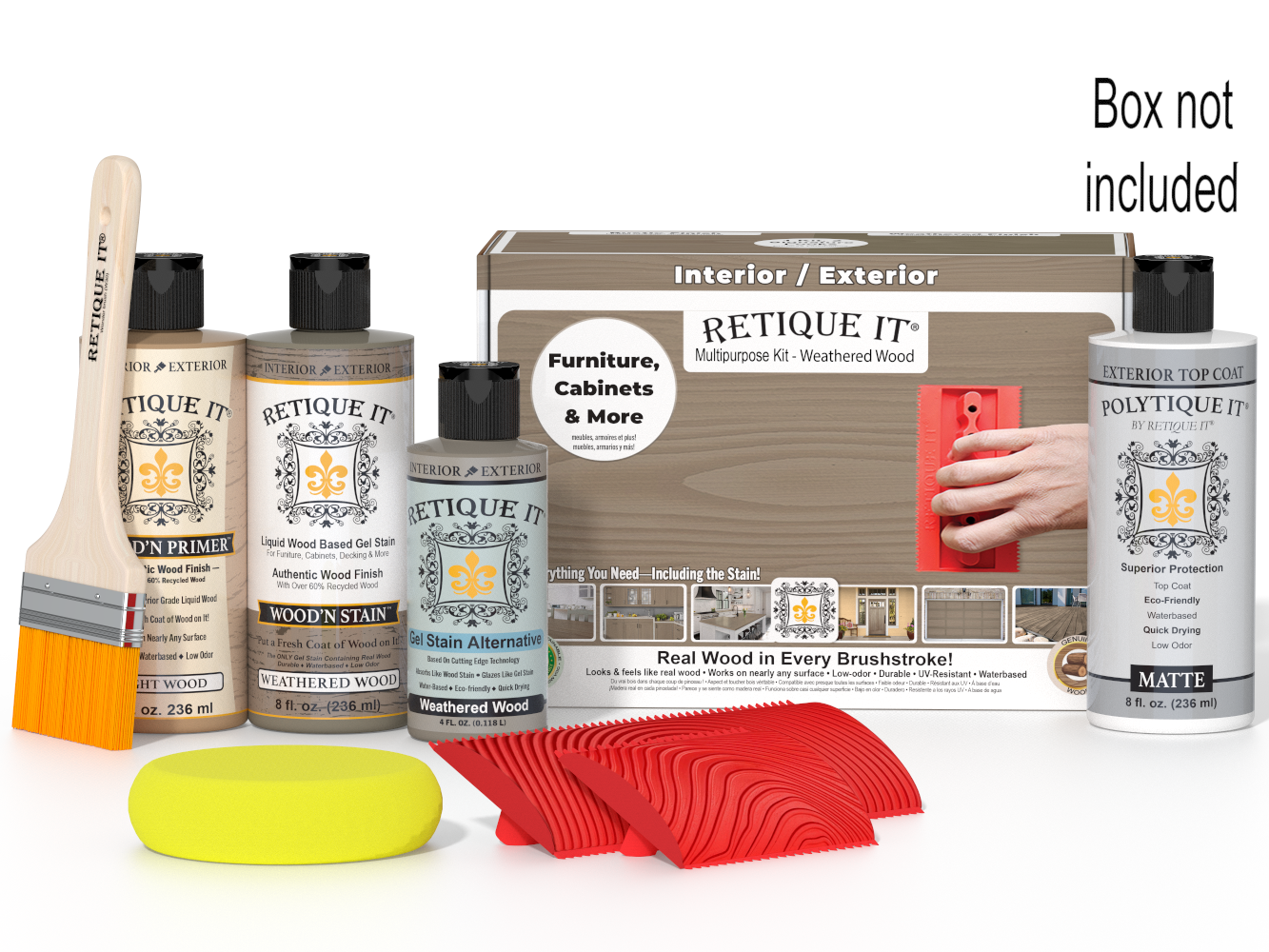 Retique It wood finish kit with bottles, a brush, sponges, and a box on a white background.