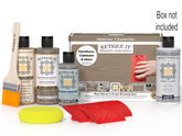 Retique It wood finish kit with bottles, a brush, sponges, and a box on a white background.