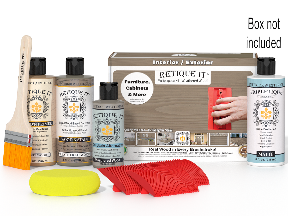 Retique It furniture care kit with bottles, a brush, sponges, and a box on a white background.