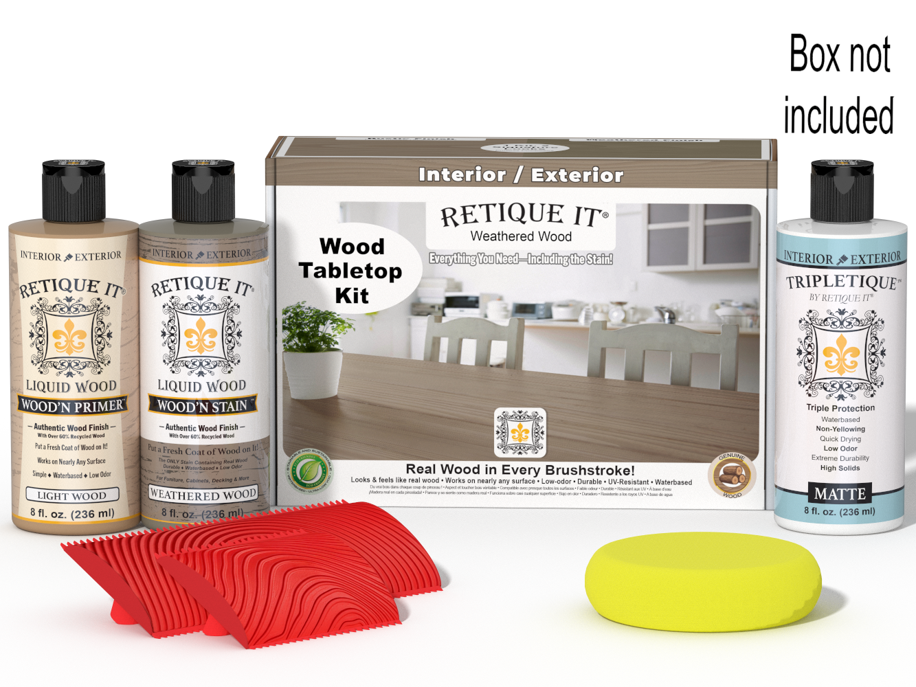 Retique It® Wood'n Finish Kit in Weathered Wood stain with applicator box for tabletop refinishing and wood finishing projects.