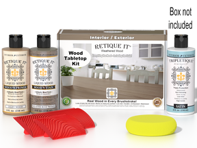 Retique It® Weathered Wood Tabletop Wood'n Finish Kit displaying stain bottles and applicator on a wooden surface.