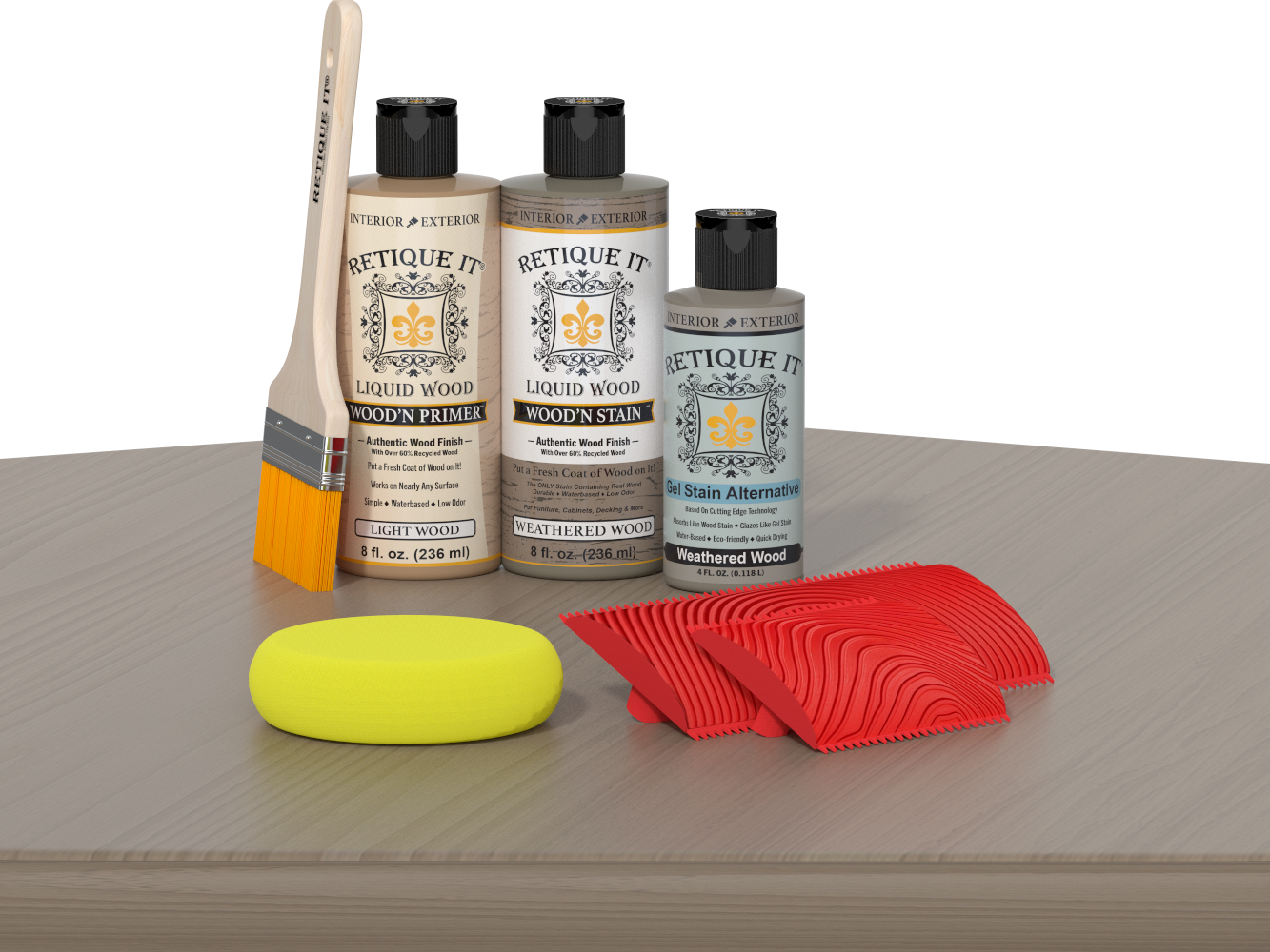 Retique It® Wood'n Finish Kit for weathered wood, showing stained wooden tabletop with a weathered, rustic finish.
