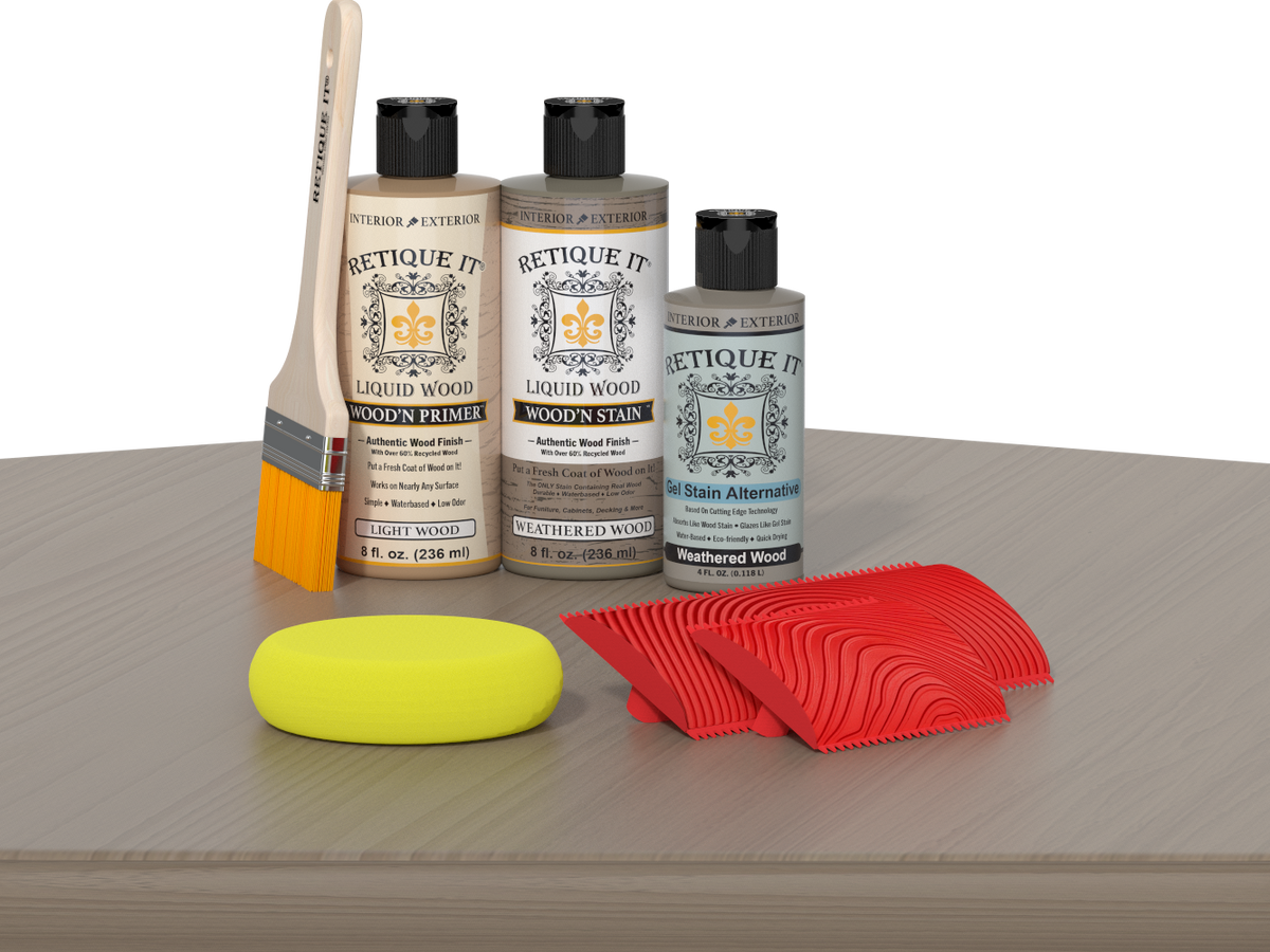 Retique It® Weathered Wood Fireplace Mantel Wood'n Finish Kit stain swatch showing weathered wood tone on sample wood piece