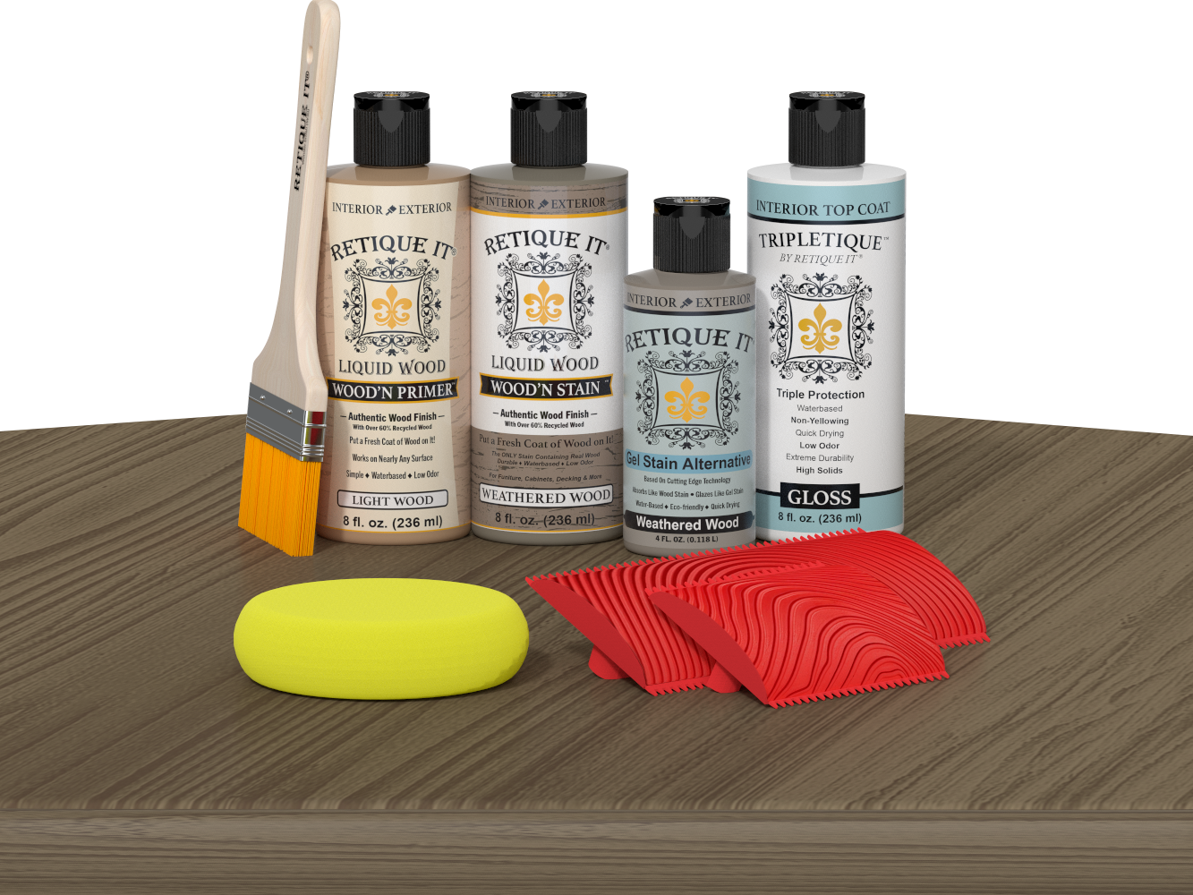 Retique It® Weathered Wood Wood'n Kit with Gloss TripleTique® includes a brush, Light Wood primer, Weathered Wood stain, Weathered Wood Gel Stain Alternative, Gloss TripleTique® top coat, a yellow sponge, and a red graining tool.
