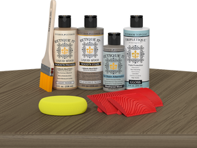 Retique It® Weathered Wood Wood'n Kit with Gloss TripleTique® includes a brush, Light Wood primer, Weathered Wood stain, Weathered Wood Gel Stain Alternative, Gloss TripleTique® top coat, a yellow sponge, and a red graining tool.