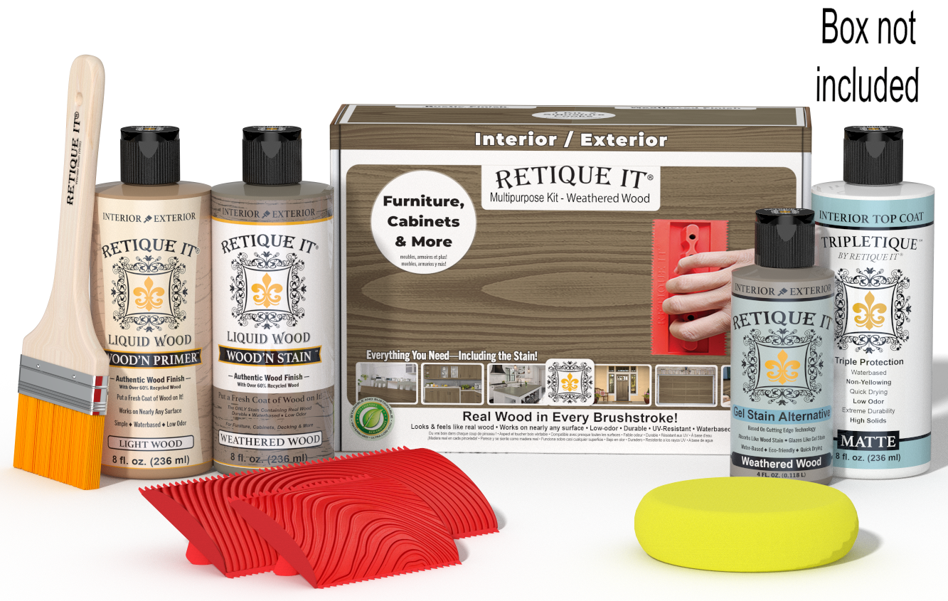 Retique It® Weathered Wood Wood'n Kit with Matte TripleTique® shown with the Weathered Wood Multipurpose Kit box, brush, Light Wood primer, Weathered Wood stain, Weathered Wood Gel Stain Alternative, Matte TripleTique® top coat, a yellow sponge, and a red graining tool.