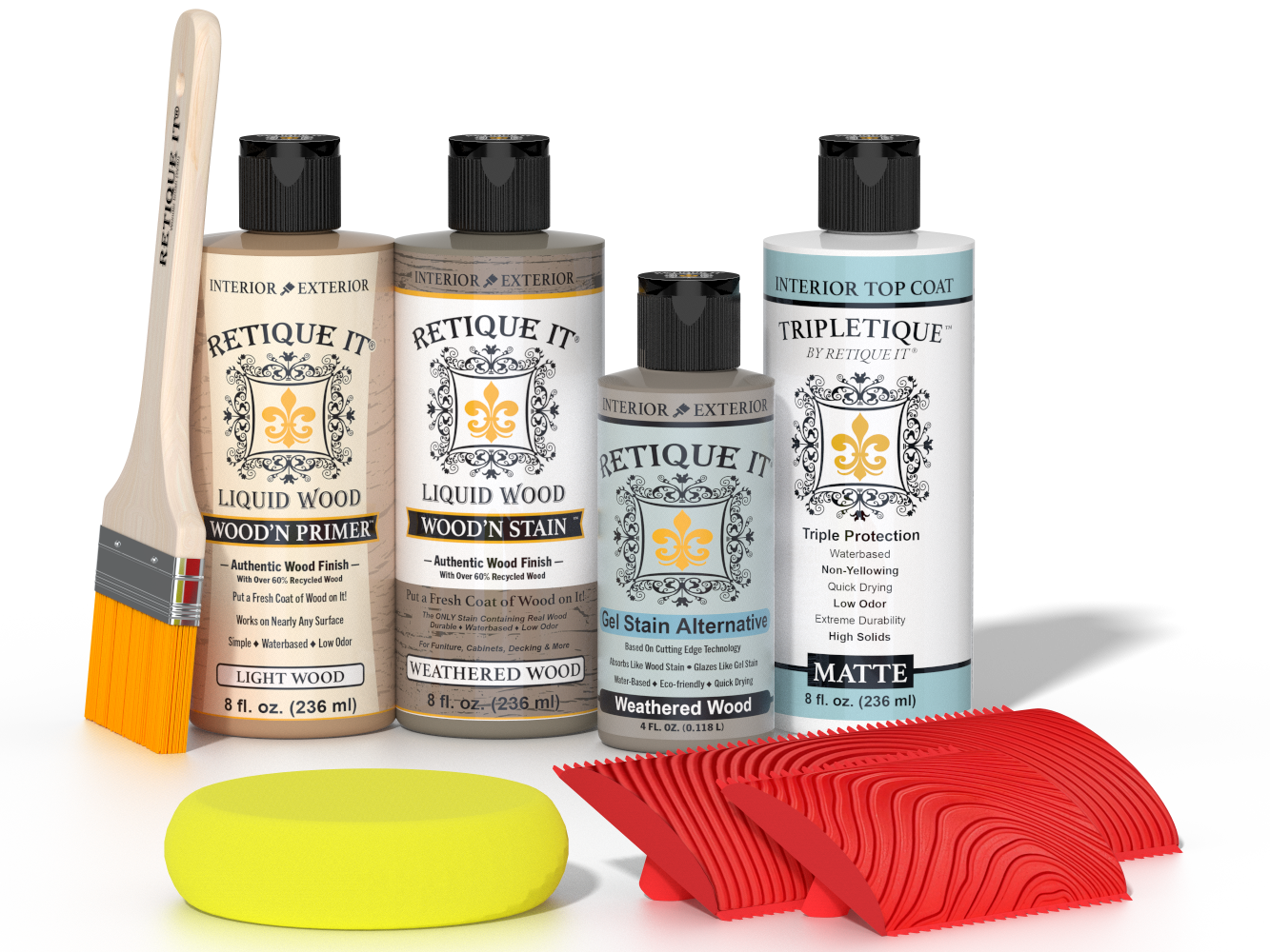 Retique It® Weathered Wood Wood'n Kit with Matte TripleTique® includes a brush, Light Wood primer, Weathered Wood stain, Weathered Wood Gel Stain Alternative, Matte TripleTique® top coat, a yellow sponge, and a red graining tool.