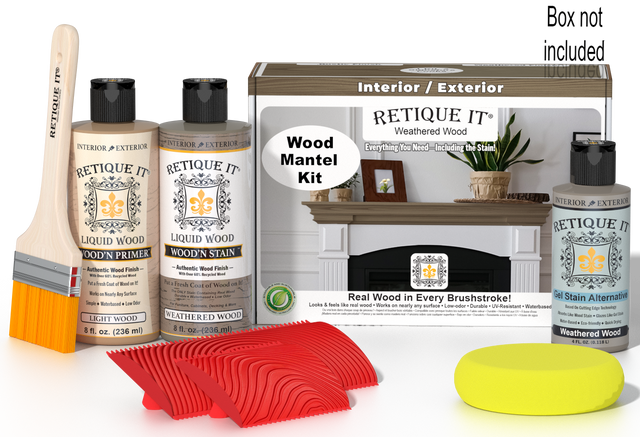 Retique It Weathered Wood Fireplace Mantel Wood'n Finish Kit stain in weathered wood, shown with wooden mantel surface and staining tools.