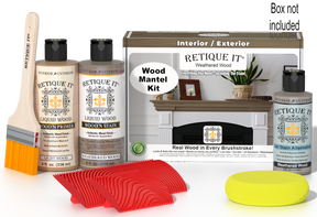 Retique It® Weathered Wood Fireplace Mantel Wood'n Finish Kit stain applied to a wooden mantel with a weathered finish.