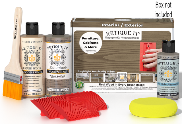 Retique It Weathered Wood Multi-purpose Wood'n Finish Kit in weathered wood color, includes tools and supplies for wood finishing.