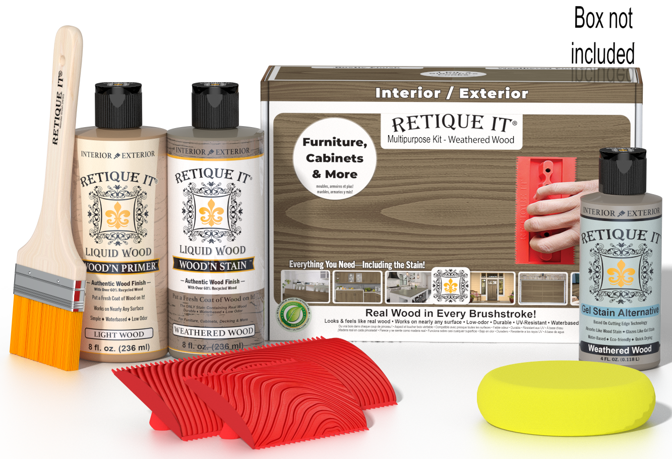 Retique It® Weathered Wood Multi-purpose Wood'n Finish Kit with weathered wood-colored components and application tools.